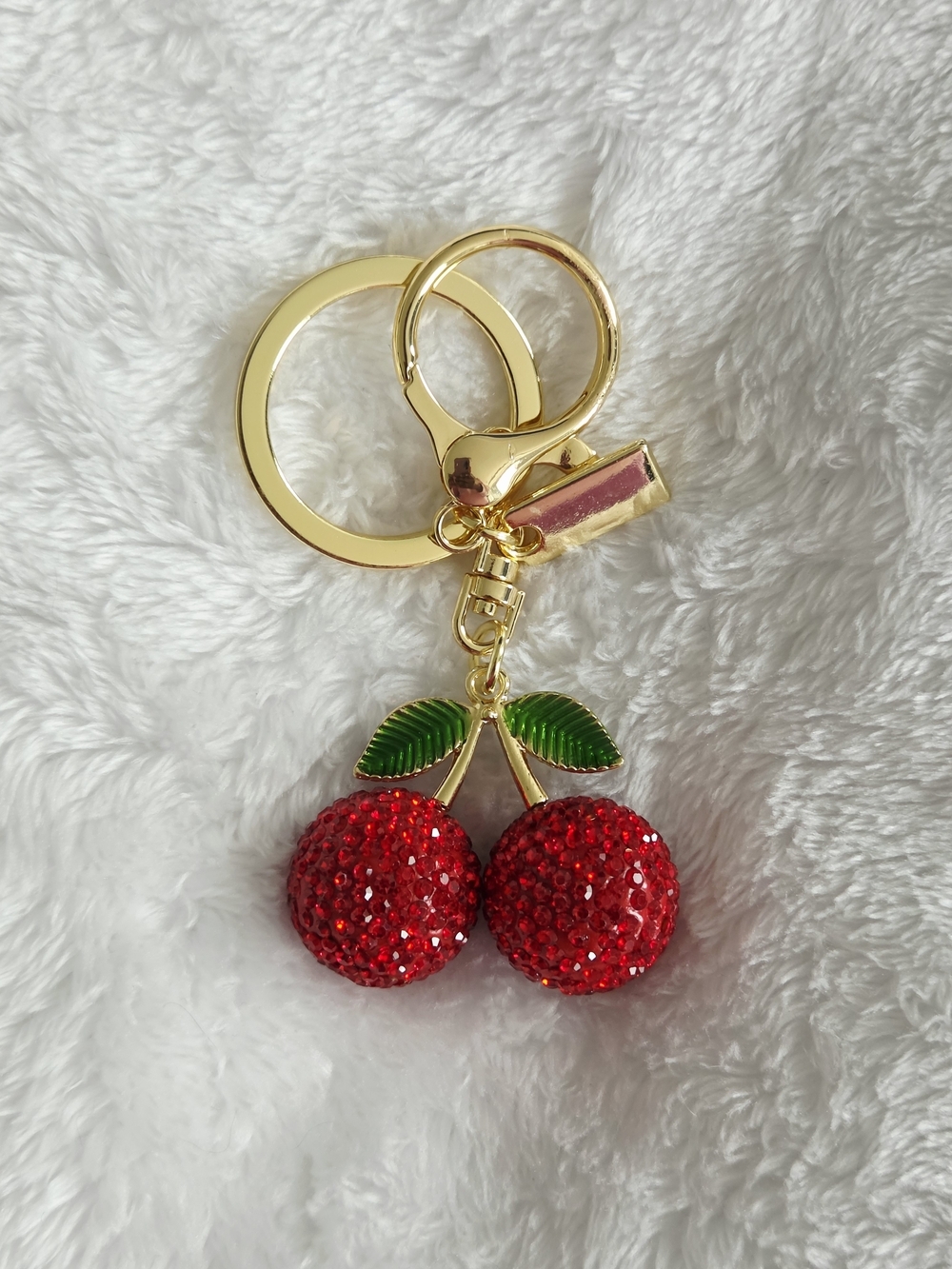 Red Cherry Rhinestone Keychain with Gold Hardware Bling Bag Charm